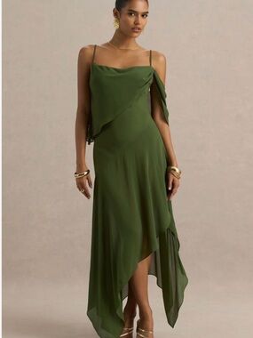 Club L London Olive Green Asymmetric Slip Dress